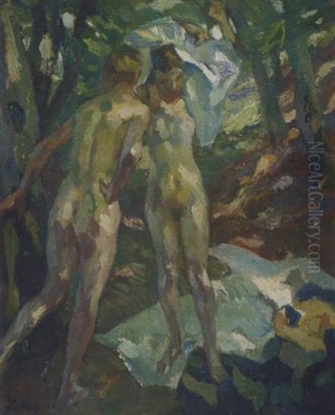 Zwei Weibliche Akt Im Wald Oil Painting by Leo Putz