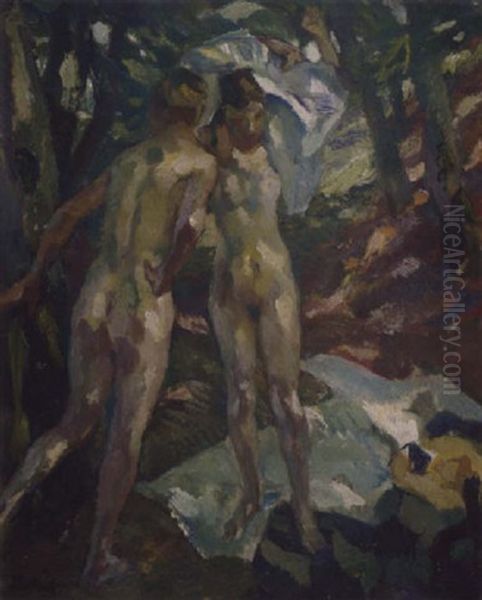 Zwei Weibliche Akte Im Wald Oil Painting by Leo Putz