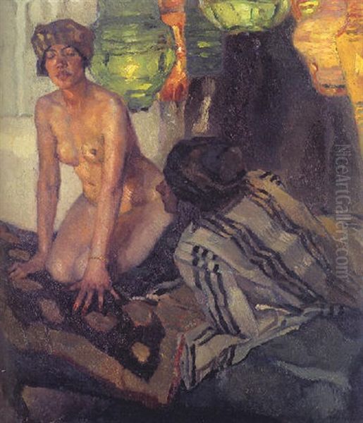 Zwei Figuren - Orientalische Szene Oil Painting by Leo Putz