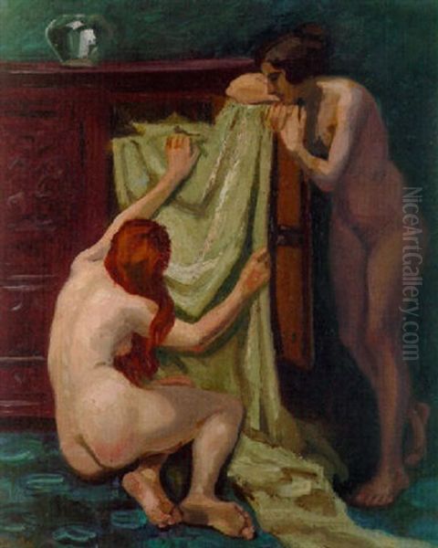 Ruckenakt Und Stehender Akt Oil Painting by Leo Putz