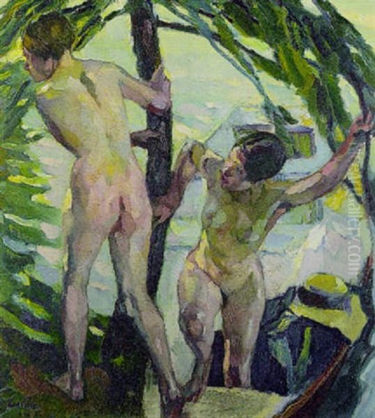 Zwei Akte Mit Boot Oil Painting by Leo Putz