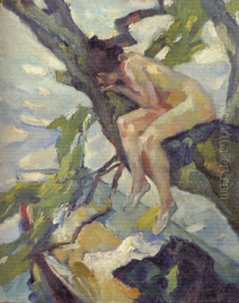 Akt Auf Einem Baum Oil Painting by Leo Putz