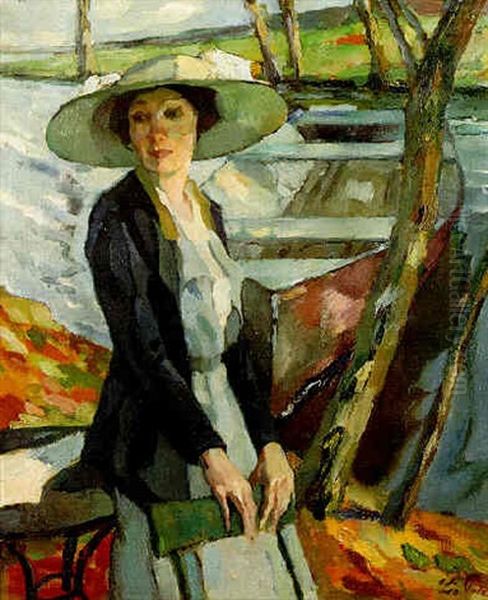 Portrait Of Frieda Blell, The Artist's Wife, Standing By A River Oil Painting by Leo Putz