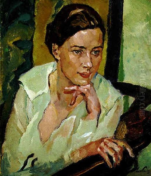 Dame Im Weisen Kleid Oil Painting by Leo Putz