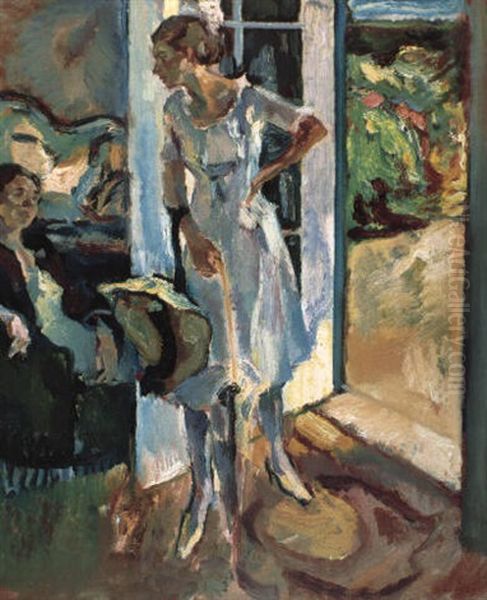 Magda Vor Der Ateliert_r Oil Painting by Leo Putz