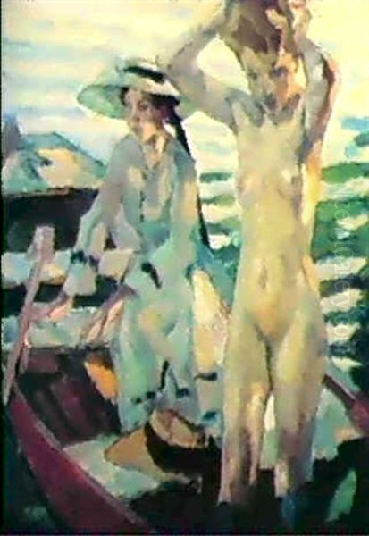 Zwei Madchen Im Boot Oil Painting by Leo Putz