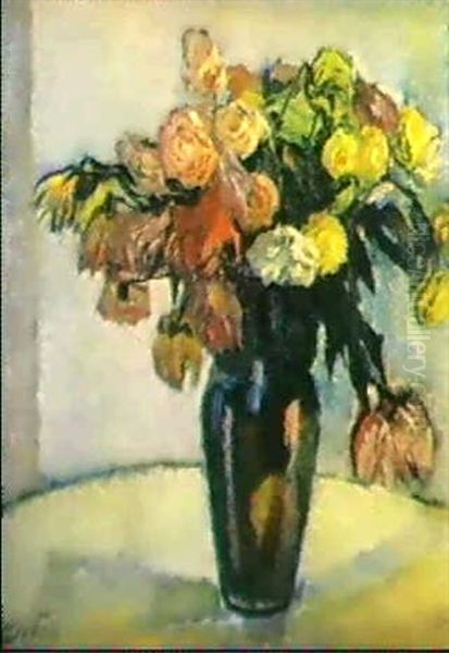 Herbstblumen In Brauner Vase Oil Painting by Leo Putz