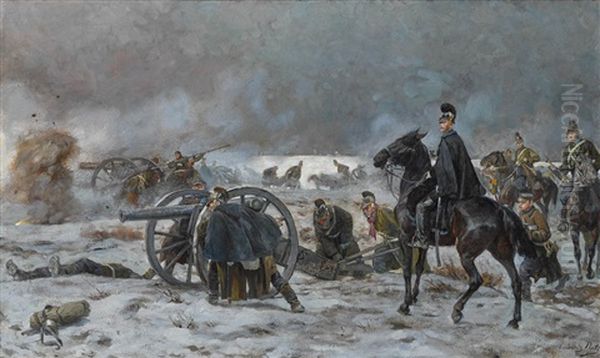 Prinz Leopold Von Bayern Zu Pferd Auf Einem Winterlichen Schlachtfeld (villepion) Oil Painting by Ludwig Putz