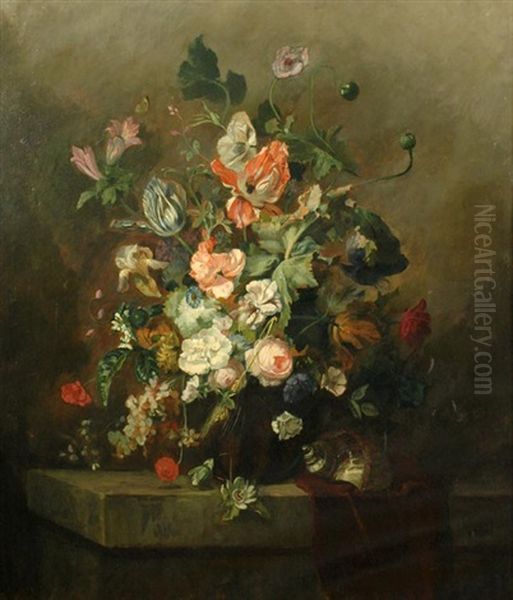 Bouquet With Tulips, Roses And Shell Oil Painting by Ludwig Putz