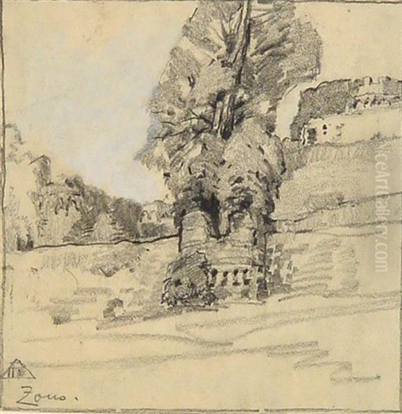 Der Krotschenturm In Zons Am Rhein (+ Study, Smaller, Pencil; 2 Works) Oil Painting by Heinrich Putzhofen-Esters