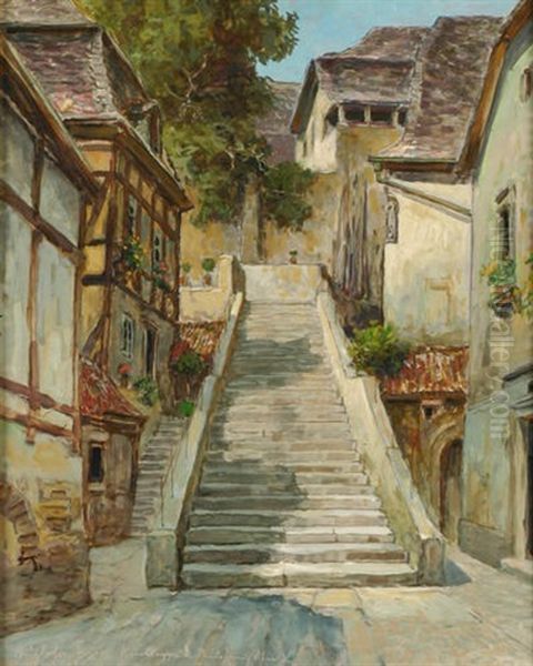 Kirchtreppe In Beilstein (mosel) Oil Painting by Heinrich Putzhofen-Esters