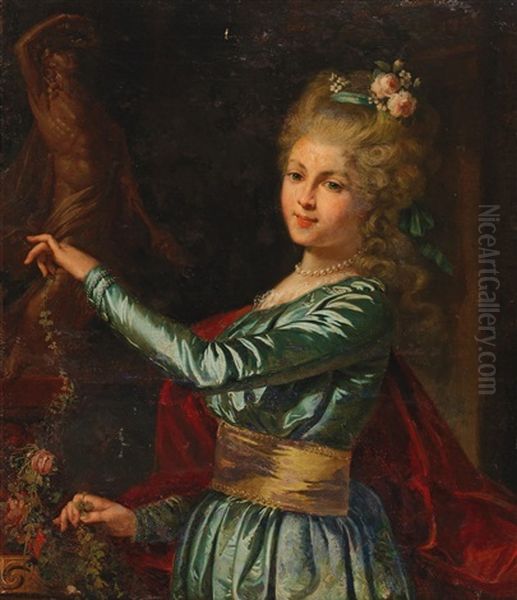 Portrait Of A Young Lady Decorating A Statue With Flowers Oil Painting by Louis Francois Gerard van der Puyl