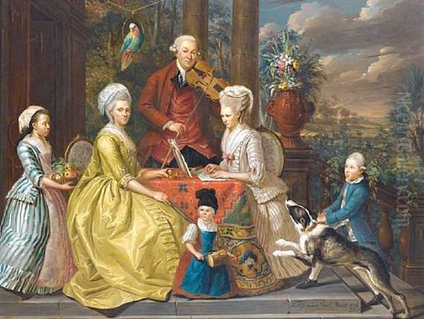 Portrait Of The Van Assche Family Seated In A Loggia, A Landscape Beyond Oil Painting by Louis Francois Gerard van der Puyl