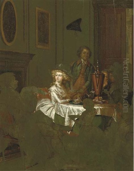 An Elegant Family Taking Tea In An Interior by Louis Francois Gerard van der Puyl