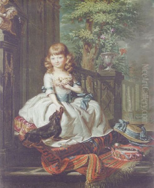 Portrait Of A Girl Seated On The Steps Of A Terrace, A Formal Garden Beyond Oil Painting by Louis Francois Gerard van der Puyl