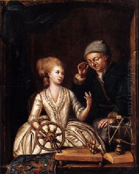 A Woman At A Window With A Spinning Wheel, Conversing With A Man Oil Painting by Louis Francois Gerard van der Puyl