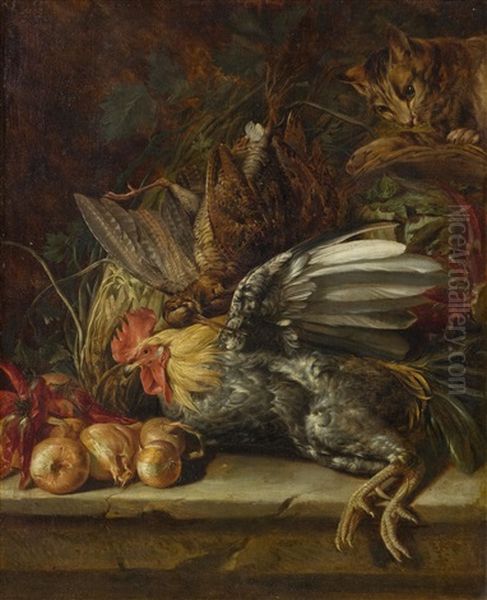 Still Life With Birds And A Cat Oil Painting by Christoffel Puytlinck