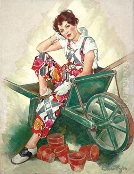 Young Woman Gardener Pausing In Wheelbarrow (magazine Cover Illus. For 6/20/1931 Issue Of Saturday Evening Post) Oil Painting by Ellen Bernard Thompson Pyle