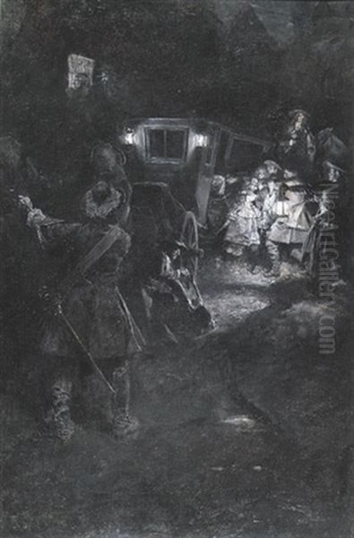 Highwaymen At A Coach At Night (illus. For Harper's Monthly) Oil Painting by Howard Pyle