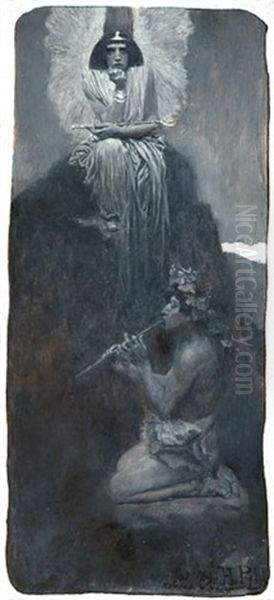 Pan Playing Flute As Isis Looks On (illus. For The Body To The Soul By Ellen M.h. Gates For August 1899 Issue Of Harper's New Monthly) Oil Painting by Howard Pyle