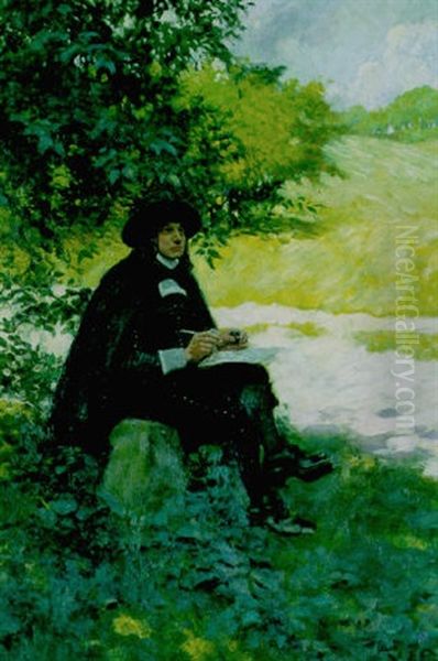 Writing On Some Loose Sheets Of Paper That He Held On His Knee Oil Painting by Howard Pyle