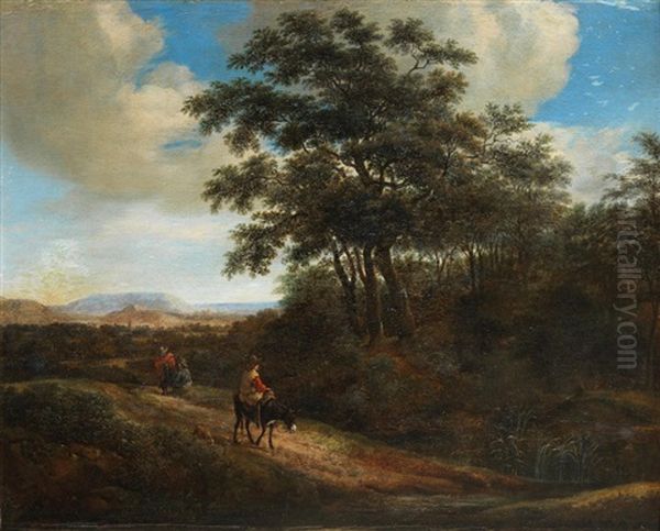 A Wooded Landscape With A Figure On A Donkey Oil Painting by Adam Pynacker