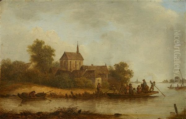 River Landscape With A Village And Ferry Oil Painting by Adam Pynacker