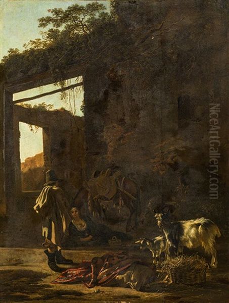 Shepherds In Front Of A Ruin Oil Painting by Adam Pynacker