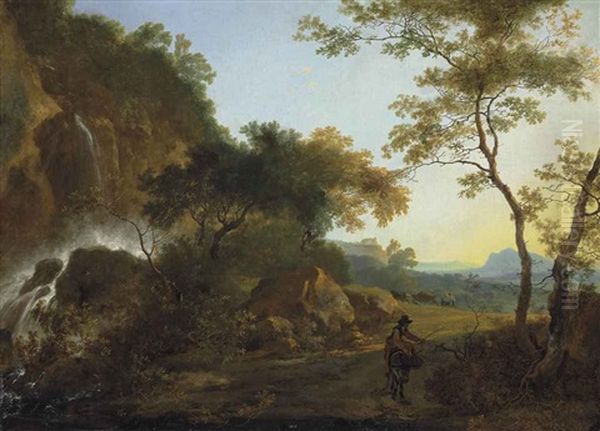 An Italianate Landscape With A Traveler On A Path By A Waterfall Oil Painting by Adam Pynacker