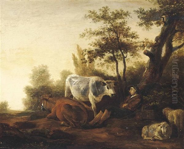 A Wooded Landscape With A Shepherd At Rest With His Livestock Oil Painting by Adam Pynacker