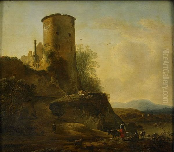 Mountain Landscape With Castle Ruins, Animals And Figures Oil Painting by Adam Pynacker