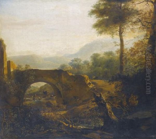 A Landscape With A Ruined Bridge, A Goatherder And A Town With Mountains Beyond Oil Painting by Adam Pynacker