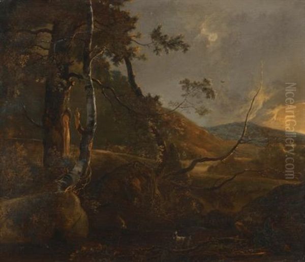 A Wooded Landscape With A Herdsman On A Path And A Loan Goat In The Foreground Oil Painting by Adam Pynacker