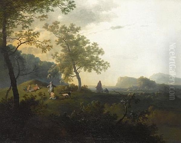 Hunting Party In A Wood, An Italianate Coastal Landscape Beyond Oil Painting by Adam Pynacker