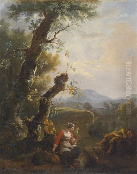 Eine Bauerin Mit Einem Spinnrocken Und Ein Schlafender Bauer In Einer Bewaldeten Landschaft Oil Painting by Adam Pynacker