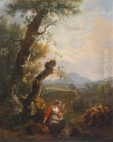 Eine Bauerin Mit Einem Spinnrocken Und Ein Schlafender Bauer In Einer Bewaldeten Landschaft Oil Painting by Adam Pynacker