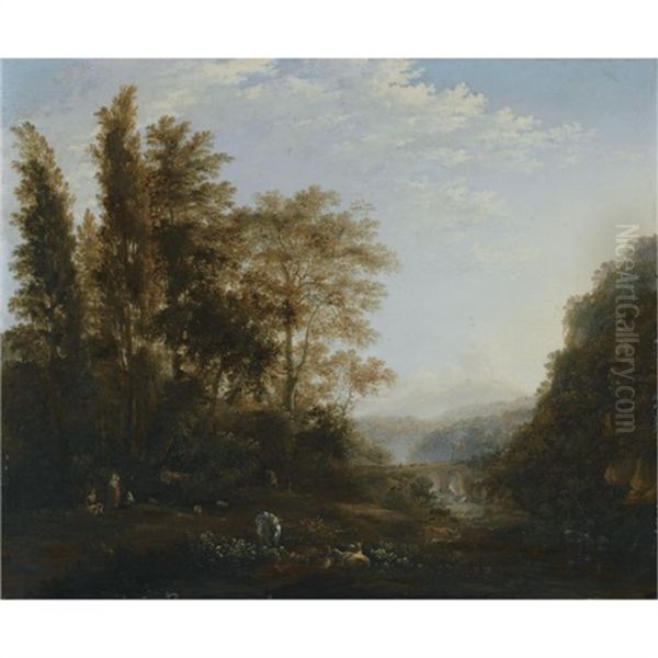 A Forest Landscape With Shepherds Resting With Their Cattle In The Foreground, An Aqueduct Beyond Oil Painting by Adam Pynacker