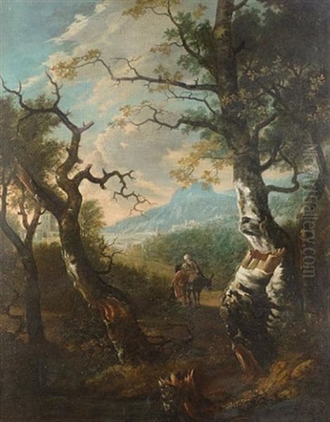 An Italianate Landscape With Travellers On A Country Path A View To A Hillside Town Beyond Oil Painting by Adam Pynacker