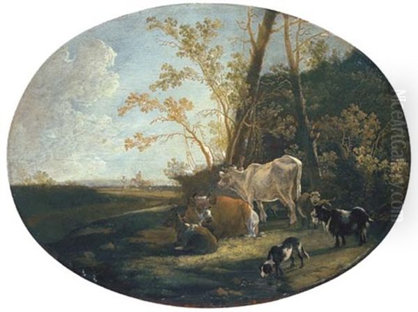 A Wooded Landscape With Cows And Goats Watering By A Stream by Adam Pynacker