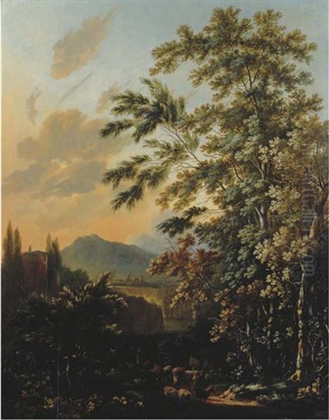 An Italianate Landscape With Drovers And Cattle On A Track, A Tower In The Distance Oil Painting by Adam Pynacker