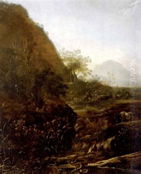 Italienische Bachlandschaft Mit Ziege Und Ziehenden Hirten Im Mittelgrund Oil Painting by Adam Pynacker