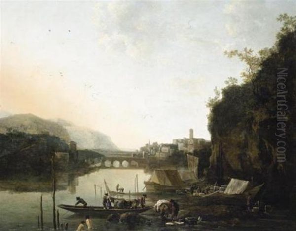 An Italianate River Landscape With A Capriccio View Of A Town And A Broken Bridge Beyond, A Ferry-boat And Bathers In The Foreground Oil Painting by Adam Pynacker