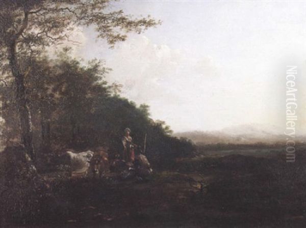 Italianate Landscape With Peasants And Their Cattle Oil Painting by Adam Pynacker