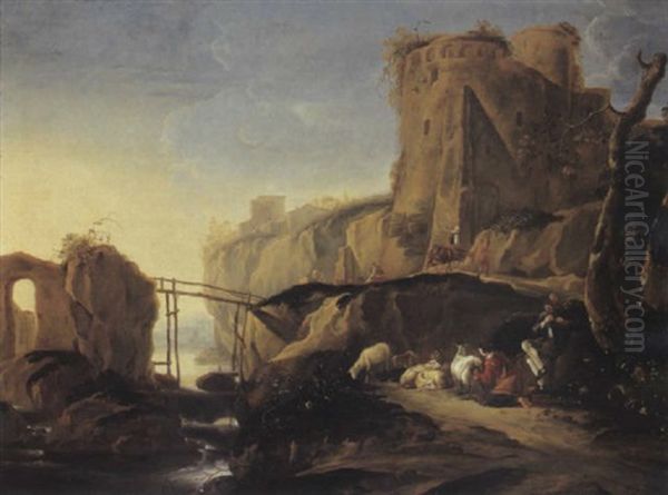 An Italianate Mountain Landscape With A Shepherd And Shepherdess Resting By A River With Their Flock Oil Painting by Adam Pynacker