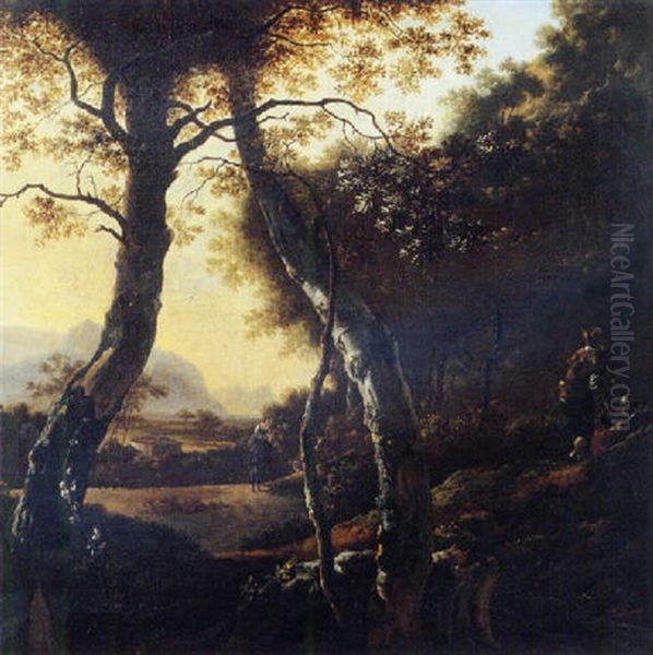 A Cowherdess Droving Cattle On A Track On The Edge Of A Forest, Other Shepherds Nearby, In An Italianate Landscape Oil Painting by Adam Pynacker