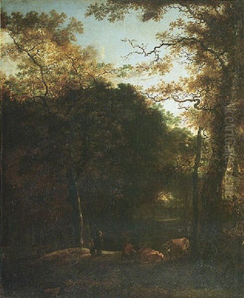 A Wooded Landscape With Cattle And Figures In A Woodland Clearing Oil Painting by Adam Pynacker