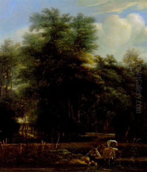 A Cowherd And Cattle At A Ford In A Landscape Oil Painting by Adam Pynacker