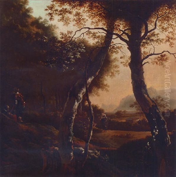 Figures In A Woodland Clearing, A Woman Leading Cattle On A Path Nearby Oil Painting by Adam Pynacker