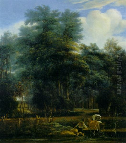 A Wooded River Landscape With A Cowherd Oil Painting by Adam Pynacker