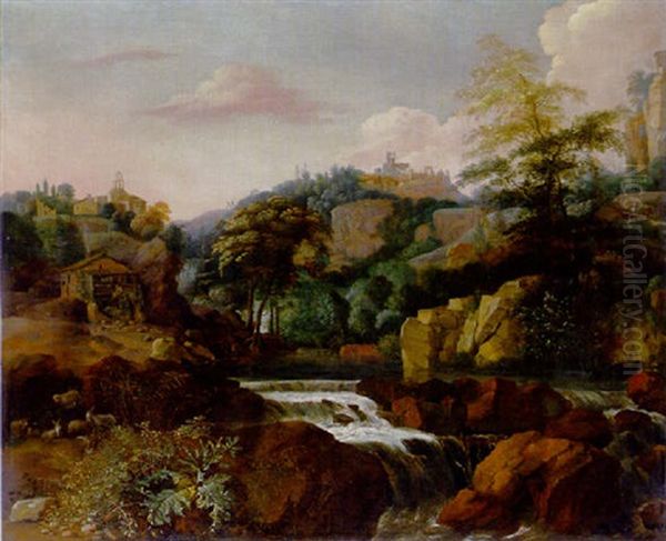 An Italianate Landscape With Goats And Sheep Beside A Waterfall Beneath A Village Oil Painting by Adam Pynacker